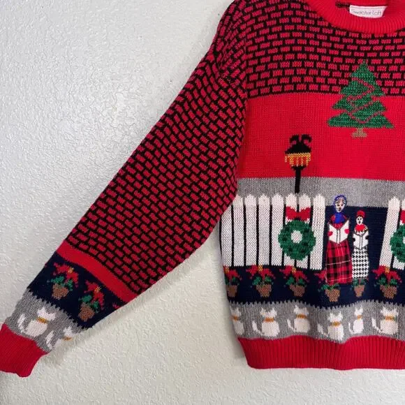 Vintage Christmas Sweater Women Small Ugly Xmas Party Carolers Cats Holiday 90s - Picture 7 of 12